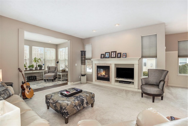 living room featuring light colored carpet