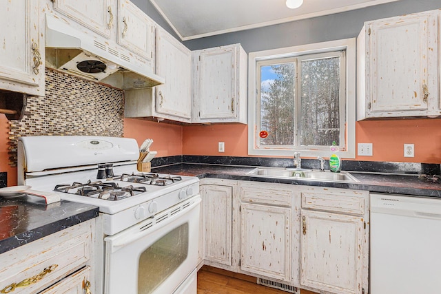 kitchen featuring sink, white cabinets, white appliances, and light hardwood / wood-style flooring