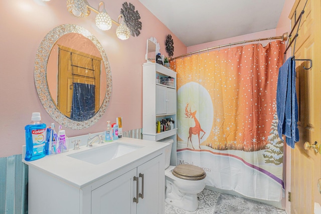 bathroom featuring vanity, toilet, and a shower with shower curtain