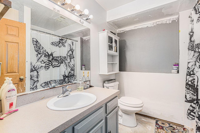 bathroom featuring vanity, toilet, and curtained shower