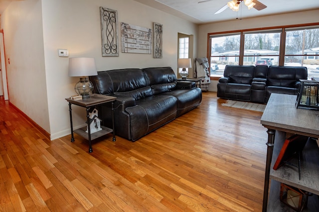 living room with ceiling fan and light hardwood / wood-style flooring