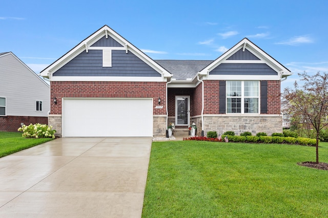 craftsman inspired home featuring a garage and a front lawn