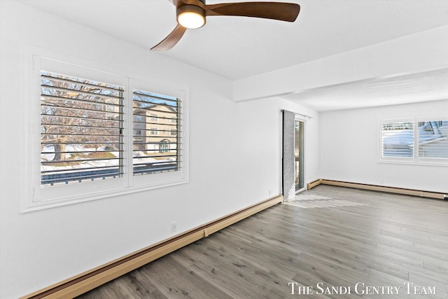 spare room featuring hardwood / wood-style flooring, a baseboard radiator, and ceiling fan