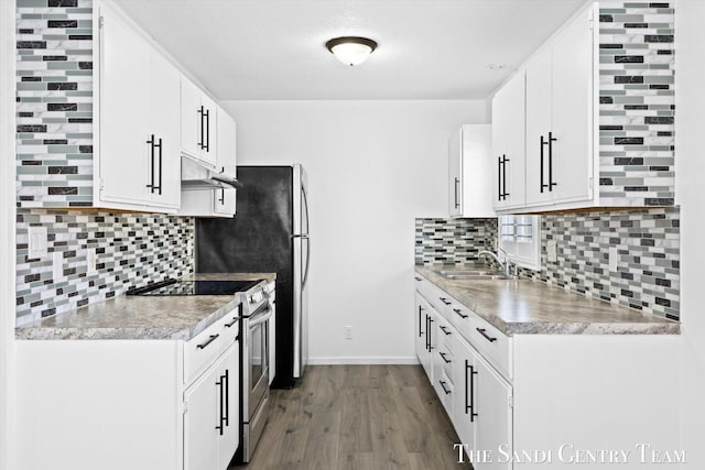 kitchen featuring white cabinetry, wood-type flooring, sink, stainless steel range with electric cooktop, and decorative backsplash