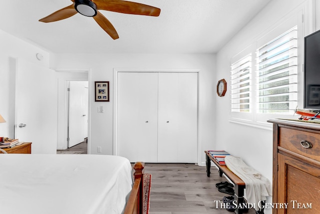 bedroom with ceiling fan, light hardwood / wood-style floors, and a closet