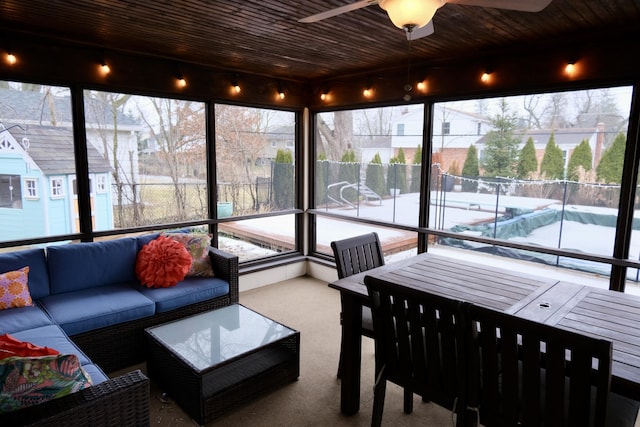 sunroom / solarium featuring wooden ceiling and ceiling fan