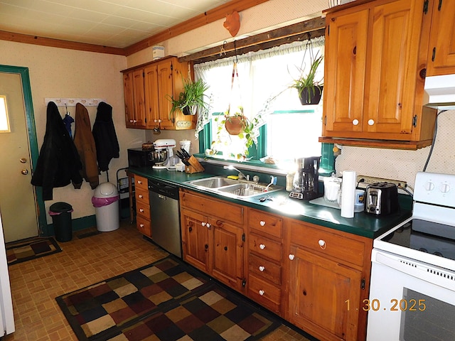 kitchen with sink, tasteful backsplash, dishwasher, white range with electric stovetop, and wall chimney range hood