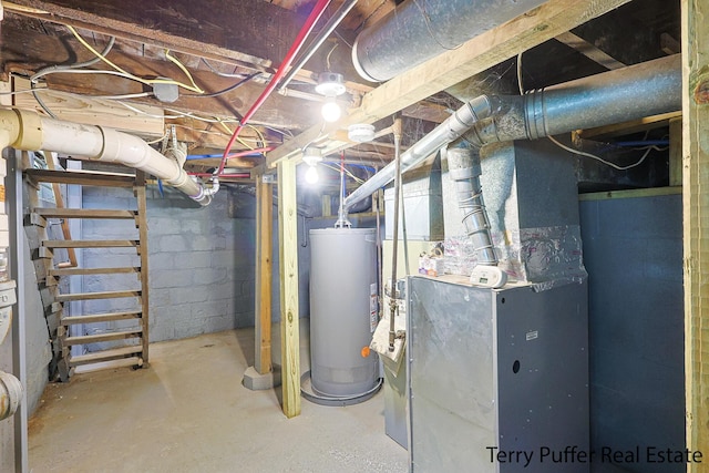 basement featuring heating unit and gas water heater