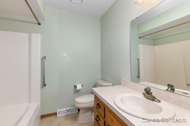 full bathroom with shower / bathtub combination, vanity, and toilet