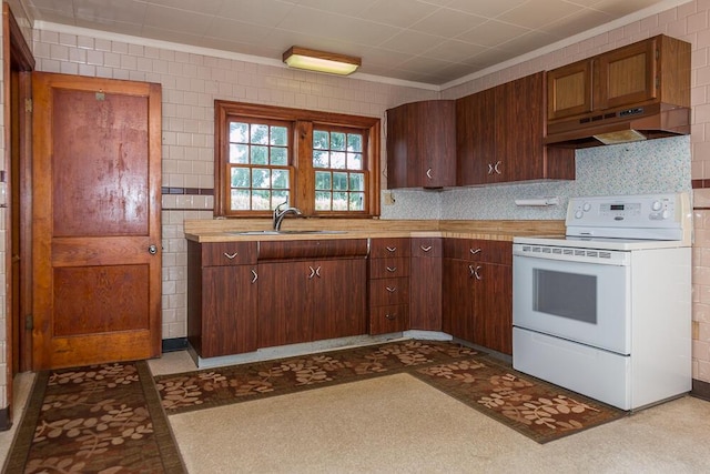 kitchen featuring ornamental molding, white electric range, sink, and tile walls