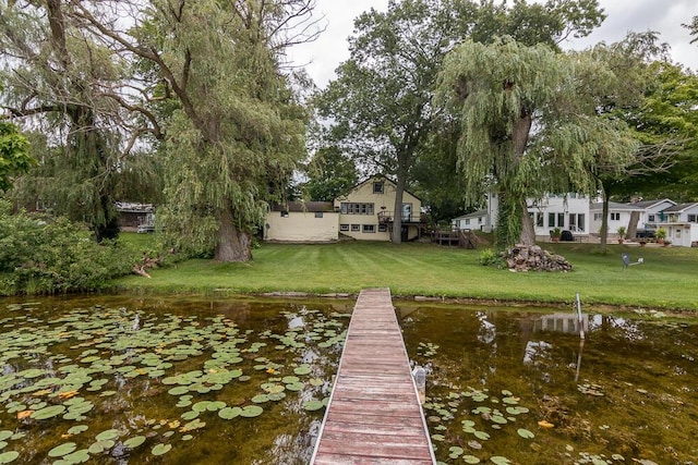 view of dock featuring a water view and a lawn