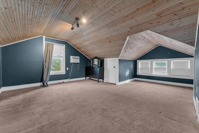 bonus room featuring a wall mounted air conditioner, vaulted ceiling, carpet, and wooden ceiling