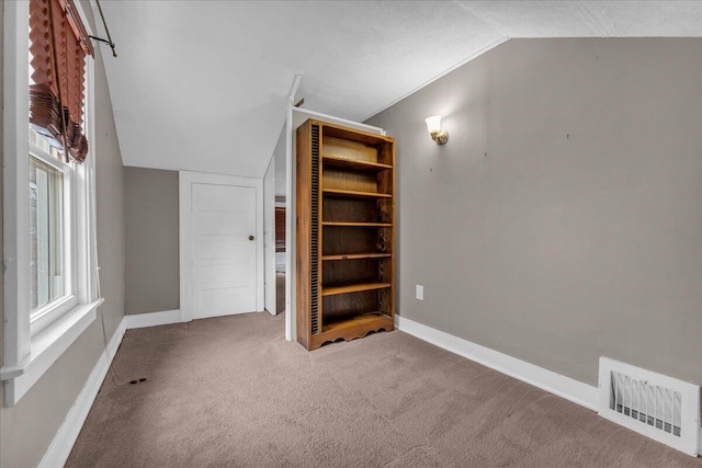 interior space with lofted ceiling and carpet flooring