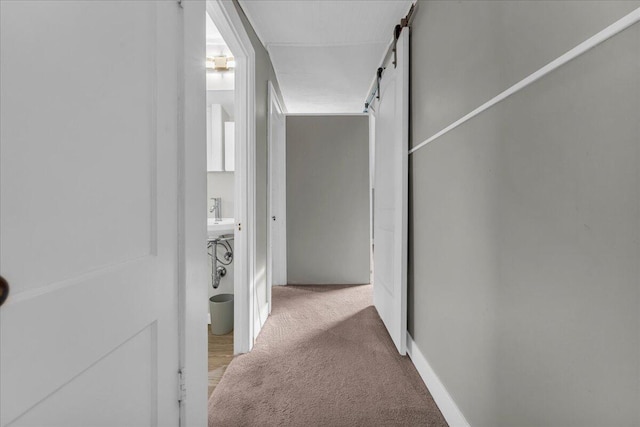 hallway with a barn door and light carpet