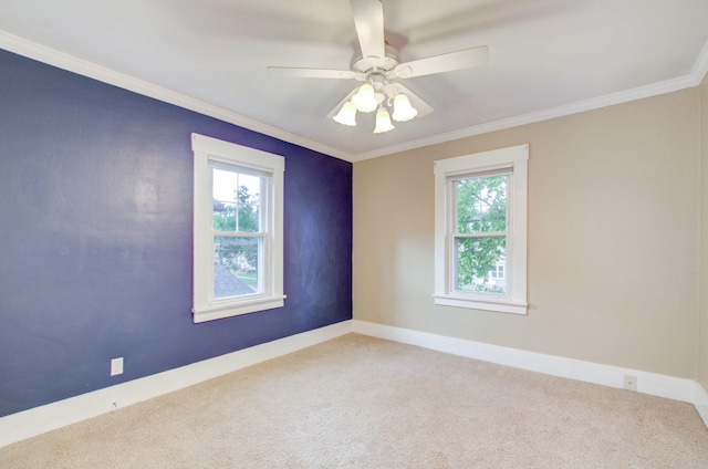 carpeted spare room featuring plenty of natural light, ornamental molding, and ceiling fan