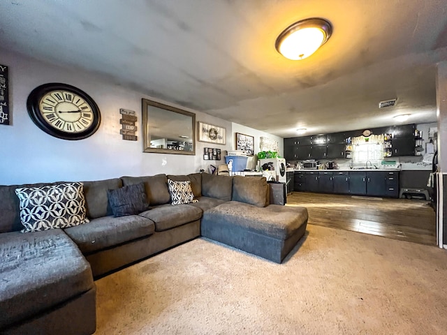 living room with hardwood / wood-style flooring, sink, and washer / clothes dryer