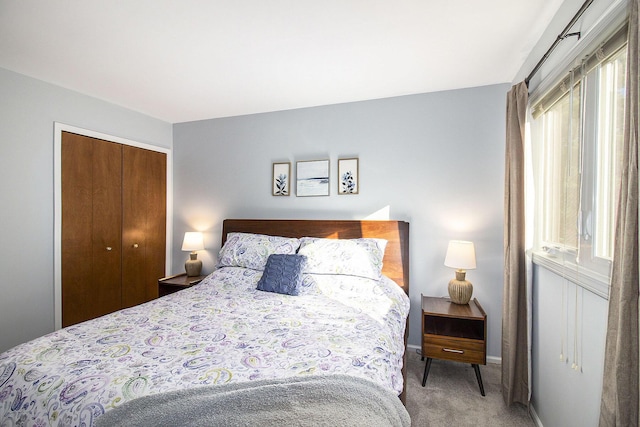 bedroom featuring carpet flooring and a closet