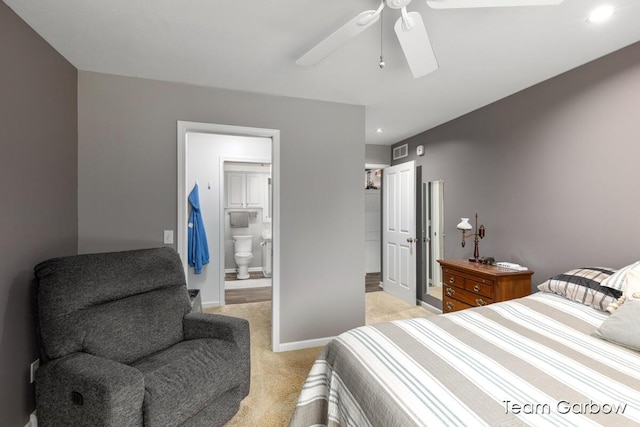 bedroom with light carpet and ceiling fan