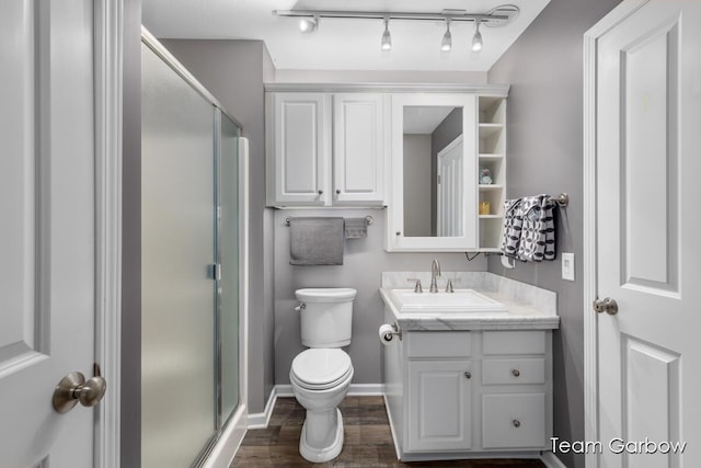 bathroom with vanity, toilet, a shower with door, and wood-type flooring