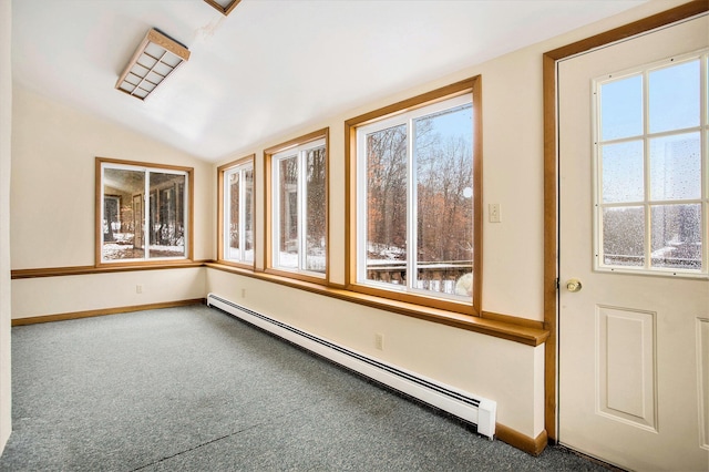 unfurnished sunroom with baseboard heating, lofted ceiling, and plenty of natural light