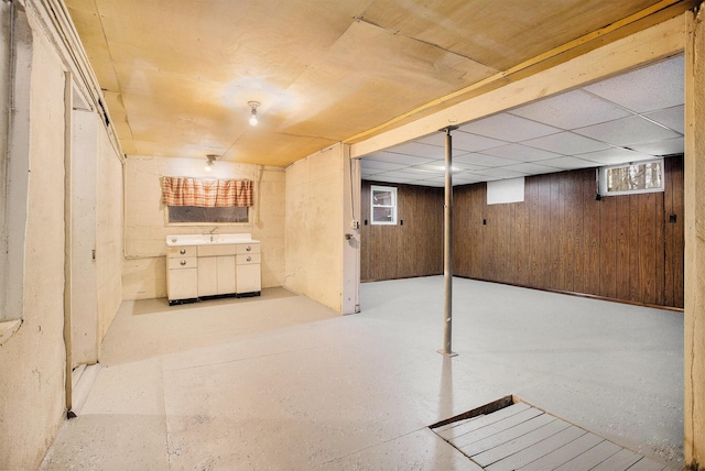 basement featuring wooden walls