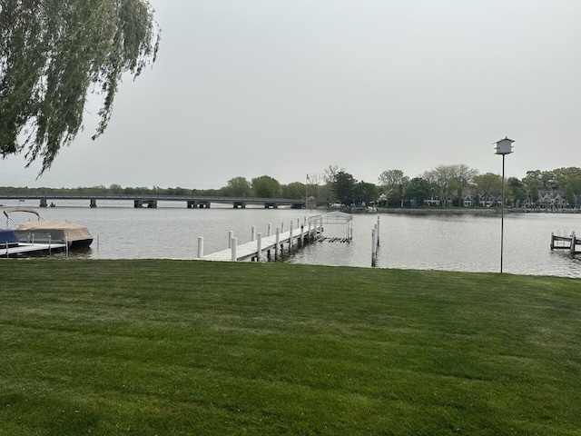 dock area with a water view and a yard