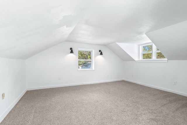 additional living space featuring carpet, a healthy amount of sunlight, and lofted ceiling