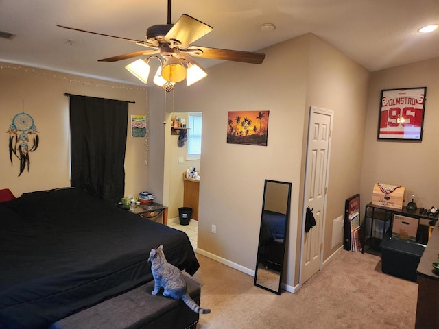 carpeted bedroom with ceiling fan