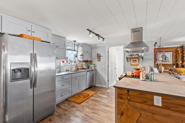 3509 N Shore Dr, Sears, MI 49679 - kitchen with island exhaust hood, a sink, light wood-style flooring, appliances with stainless steel finishes, and gray cabinetry