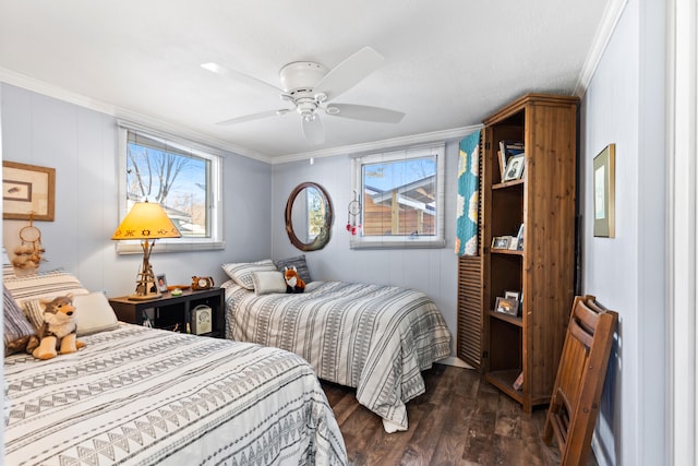 3509 N Shore Dr, Sears, MI 49679 - bedroom with ornamental molding, a ceiling fan, and dark wood-style floors