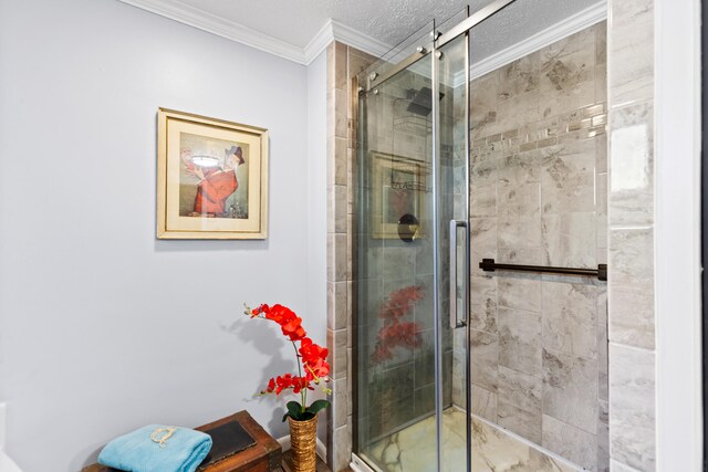 3509 N Shore Dr, Sears, MI 49679 - full bathroom featuring crown molding and a shower stall