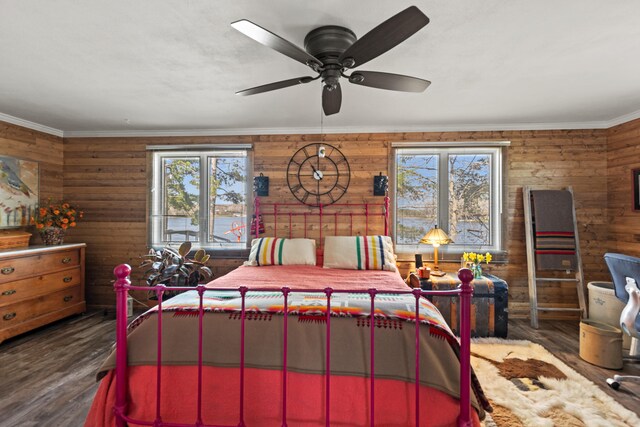 3509 N Shore Dr, Sears, MI 49679 - bedroom featuring wooden walls, crown molding, and wood finished floors