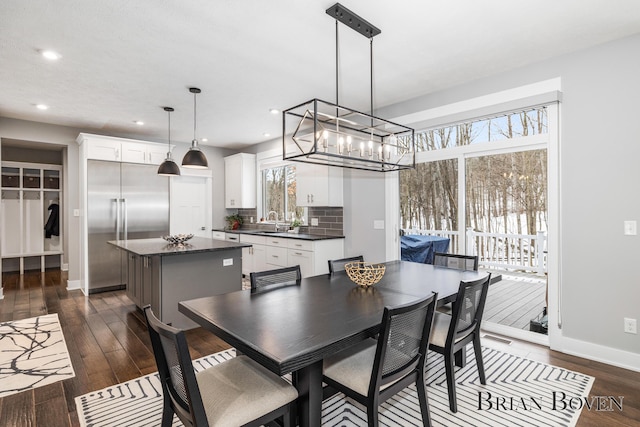 dining space featuring sink and dark wood-type flooring