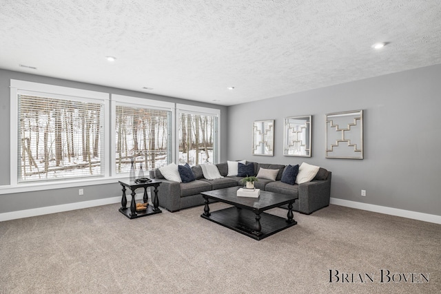 living room featuring light carpet and a textured ceiling