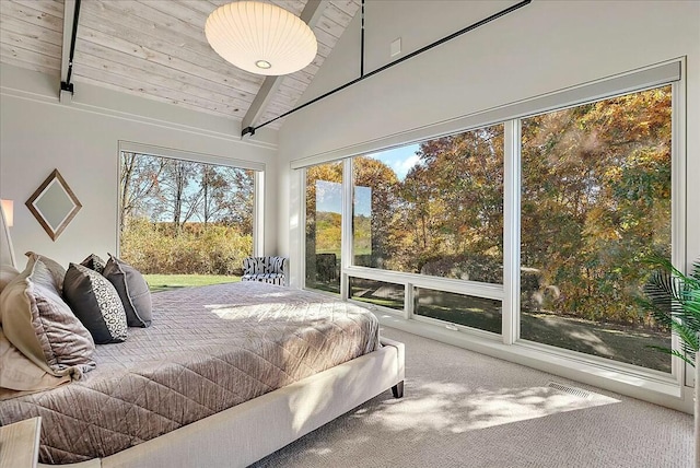 bedroom featuring wood ceiling, access to exterior, beam ceiling, high vaulted ceiling, and carpet flooring