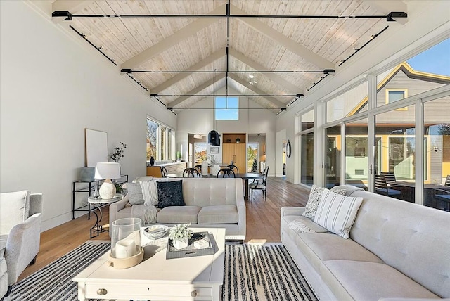 living room with wood ceiling, beam ceiling, and hardwood / wood-style floors