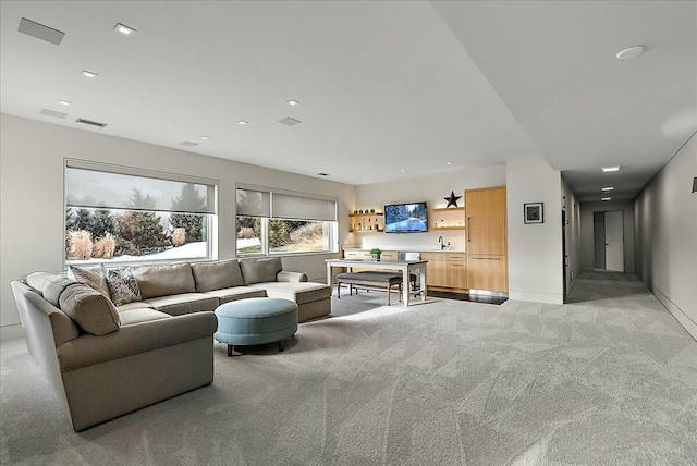 living room featuring sink and light colored carpet