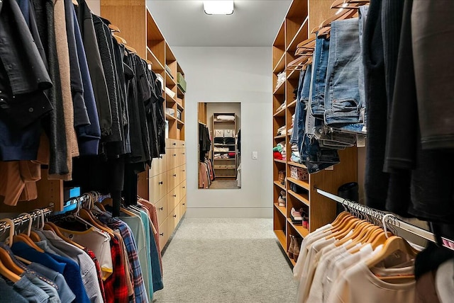 walk in closet featuring light carpet