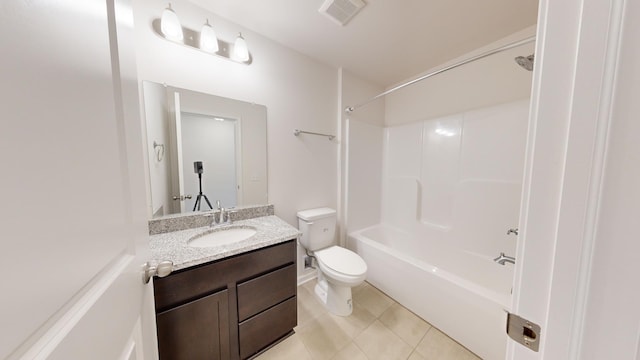 full bathroom with tile patterned flooring, vanity, tub / shower combination, and toilet