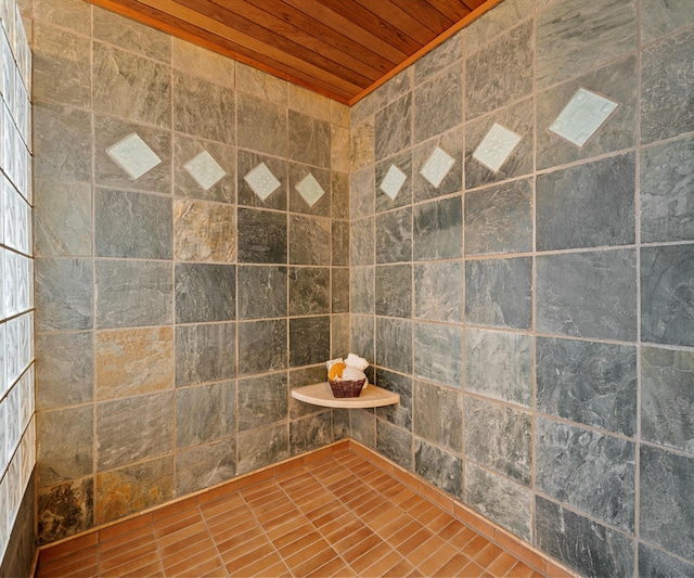 bathroom with wooden ceiling and a shower