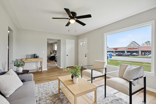 living room featuring ceiling fan and light hardwood / wood-style floors