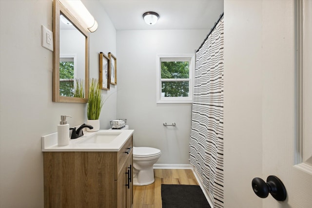 bathroom featuring vanity, wood-type flooring, toilet, and a shower with shower curtain