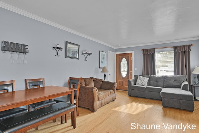 living room with crown molding and light hardwood / wood-style flooring