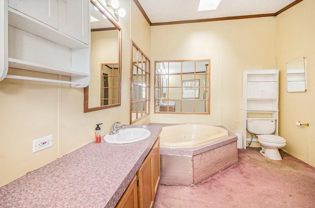 bathroom featuring vanity, a washtub, crown molding, and toilet