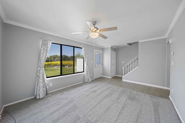 spare room featuring crown molding, carpet, and ceiling fan