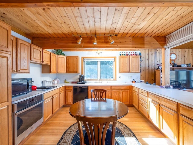 kitchen with wood ceiling, black appliances, rail lighting, and light wood-type flooring