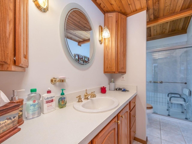 bathroom with tile patterned floors, toilet, wooden ceiling, vanity, and beamed ceiling