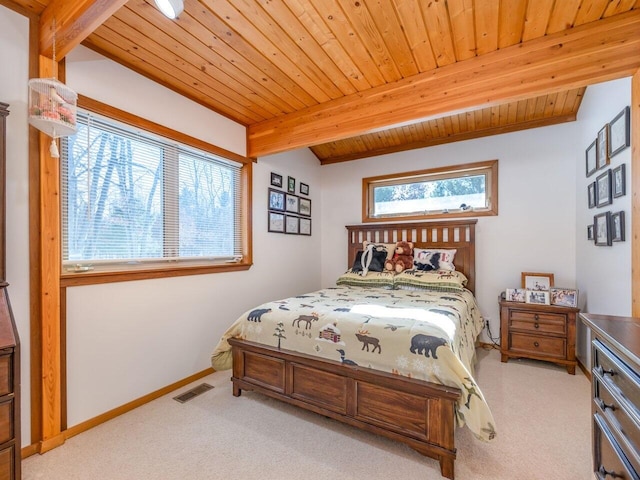 carpeted bedroom with wood ceiling and beamed ceiling