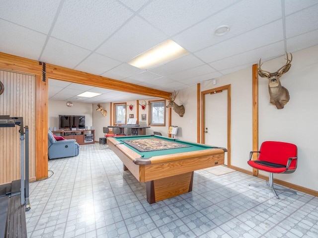 rec room with pool table and a drop ceiling