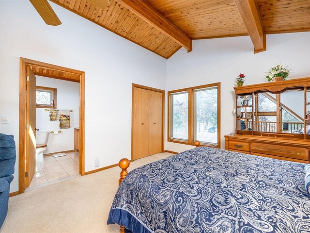 carpeted bedroom featuring wood ceiling, lofted ceiling with beams, and multiple windows